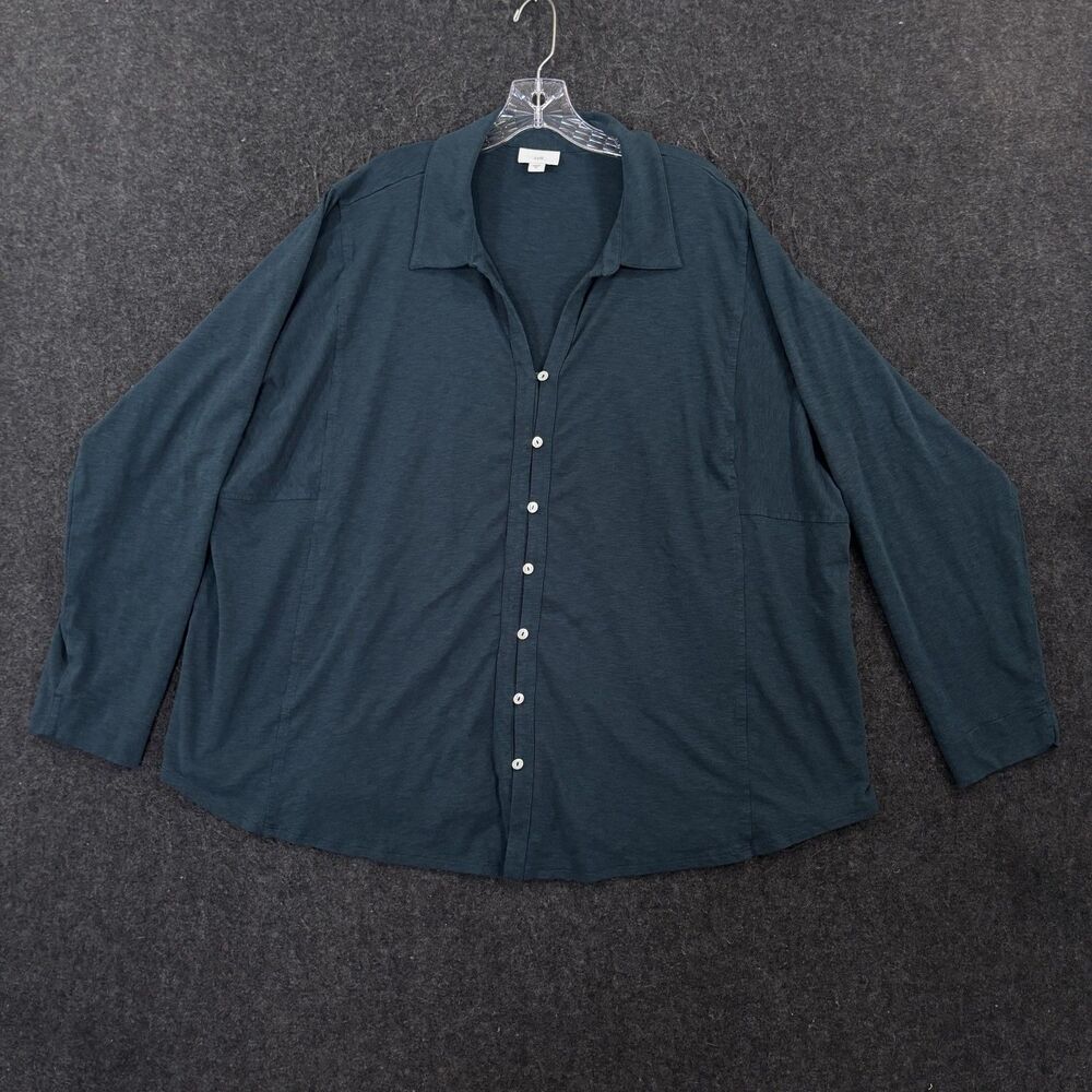 J Jill Shirt Women's 3X Plus Teal Button Up Collared Long Sleeve Tunic Top